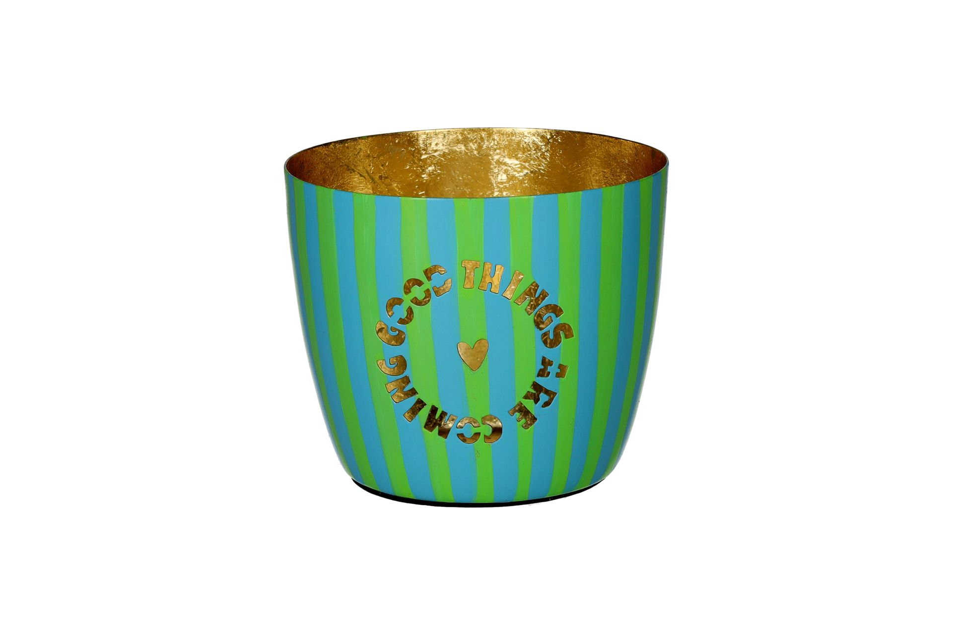 Madras Windlicht in Größe M mit dem Motiv 'Good Things' in Grün und Gold. Es inspiriert zu positiven Gedanken und schafft eine angenehme Stimmung.