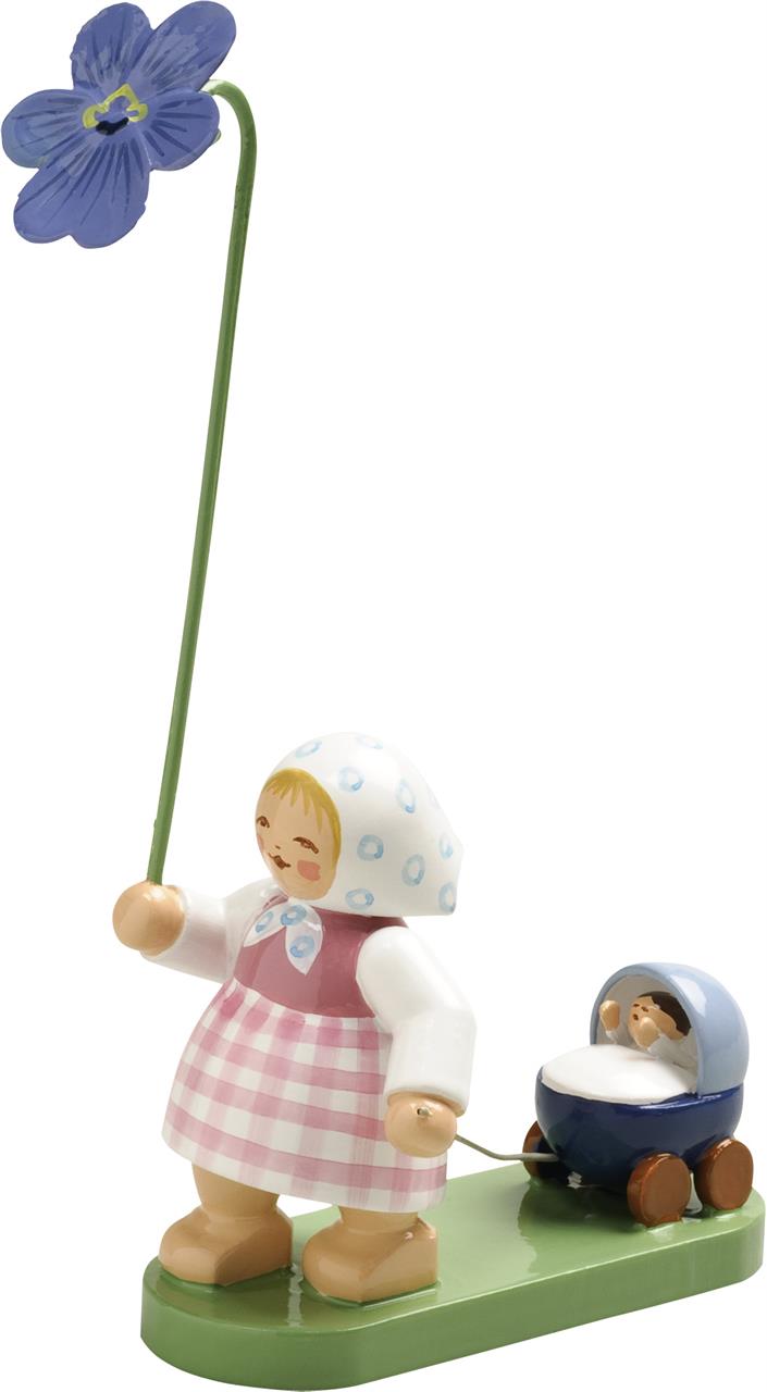 Das Bild zeigt eine kleine Holzfigur eines Mädchens mit Kopftuch und rosa kariertem Kleid, das eine große Veilchenblume in der Hand hält. Hinter ihr zieht sie einen blauen Kinderwagen mit einem kleinen Baby darin.
