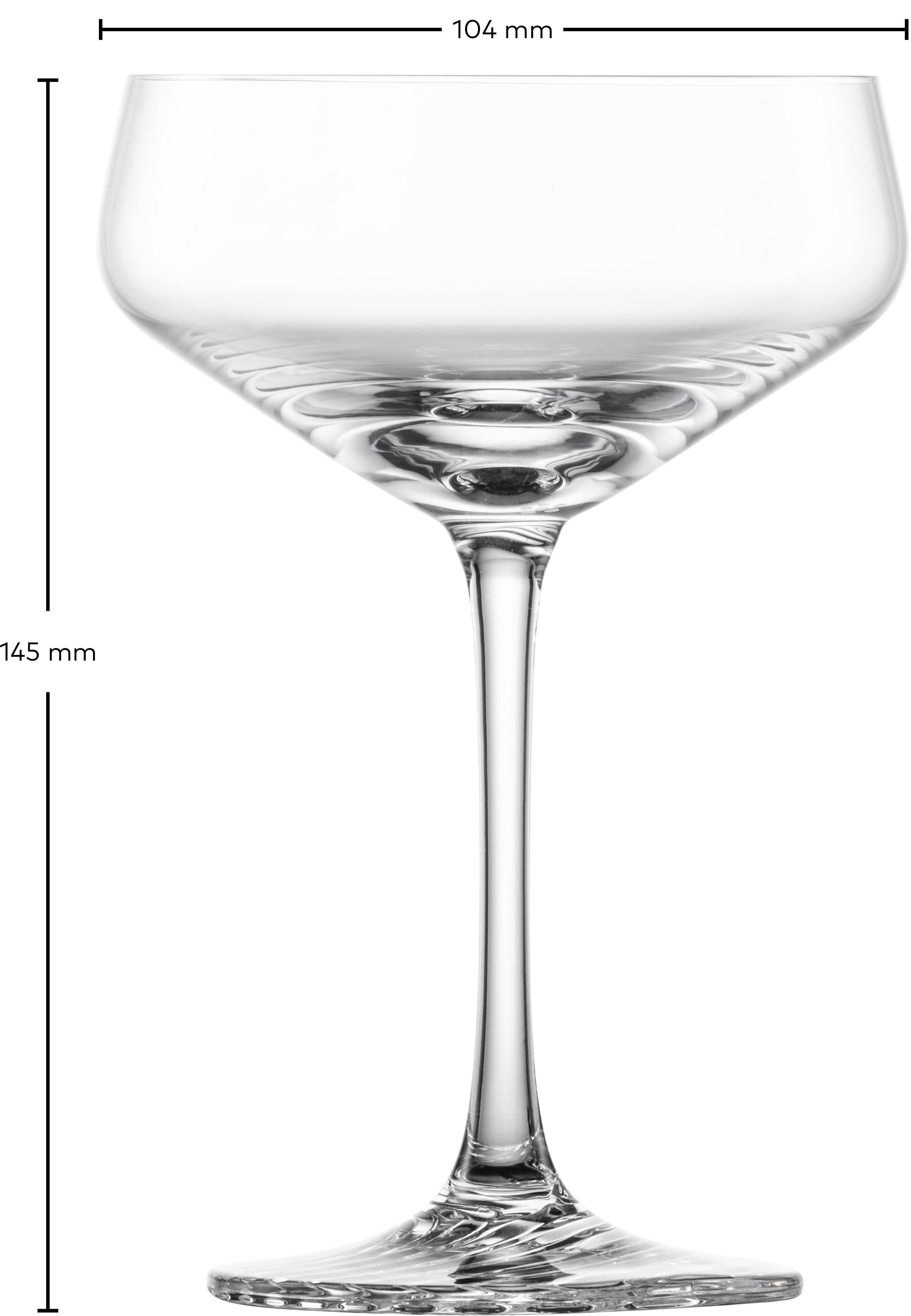Das Bild zeigt ein Cocktailglas mit einem Durchmesser von 104 mm und einer Höhe von 145 mm. Das Glas ist durchsichtig und hat einen eleganten Stiel.