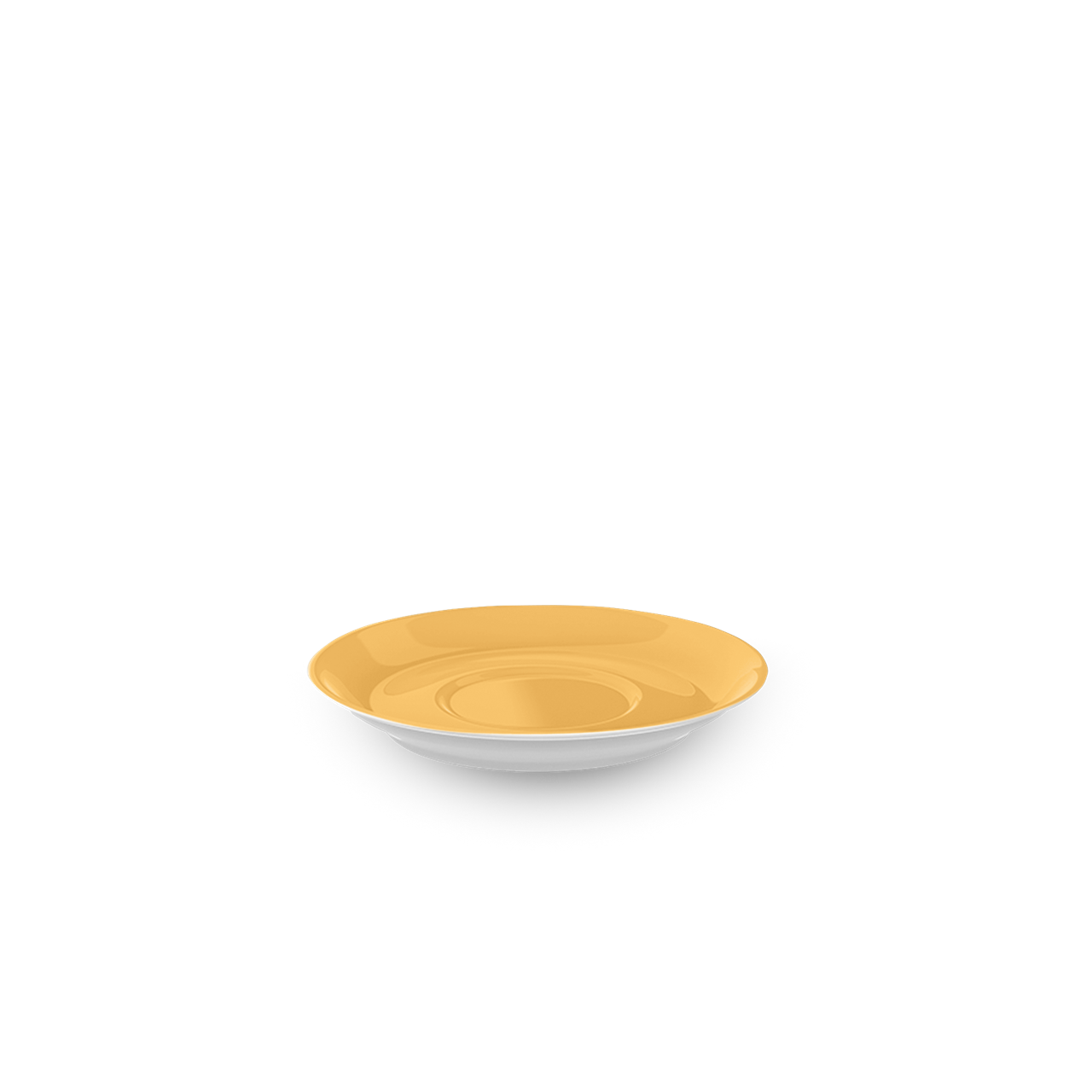Die Abbildung zeigt eine Espressountertasse der Serie Classico mit 12 cm Durchmesser. Die Untertasse ist in einem kräftigen Mandarinen-Orange gehalten.