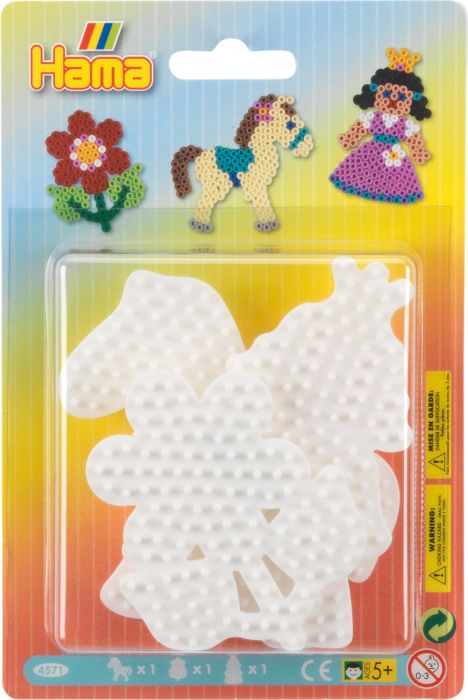 Das Bild zeigt das Hama-Set "3 Stiftplatten Prinzessin/Blume/Pony". Im Set enthalten sind drei weiße Steckplatten in den Formen Prinzessin, Blume und Pony.