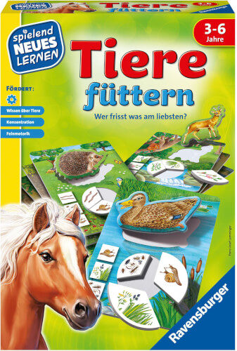 Auf dem Bild ist die Verpackung eines Kinderspiels mit dem Titel "Tiere füttern" zu sehen. Auf der Schachtel sind verschiedene Tiere und Spielkarten abgebildet.