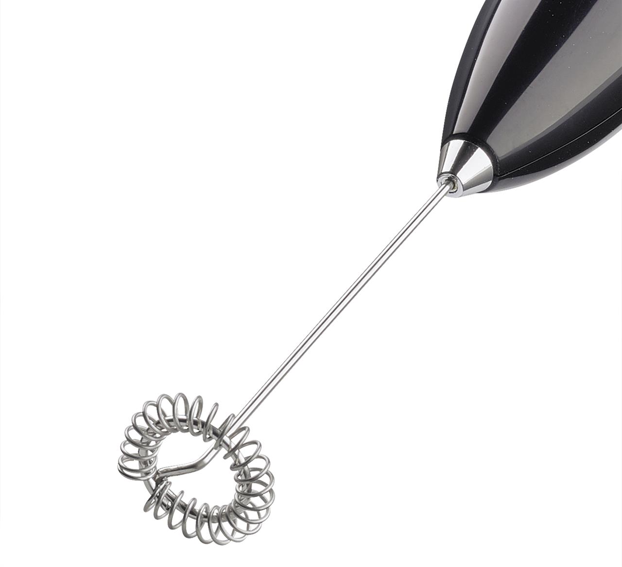 Das Bild zeigt einen Milchaufschäumer LATTEFORTE in Schwarz. Er hat einen schwarzen Griff und einen Quirl aus Metall.