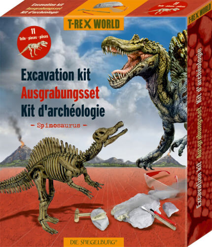 Auf dem Bild ist ein Ausgrabungsset für Kinder zu sehen, mit dem man ein Skelett eines Spinosaurus freilegen kann. Die Verpackung zeigt einen Dinosaurier und das fertige Skelettmodell vor einer Vulkanlandschaft.