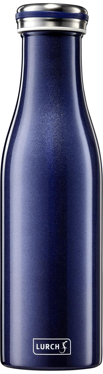 Die Abbildung zeigt eine Isolierflasche aus Edelstahl mit einem Fassungsvermögen von 0,5 Litern. Sie ist blau-metallic und trägt das Logo der Marke Lurch.