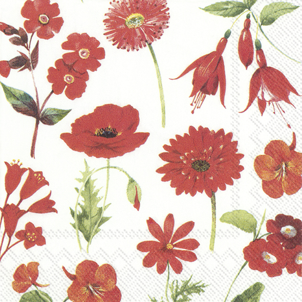 Die Serviette zeigt verschiedene rote Blumen auf weißem Hintergrund. Das Design wirkt fröhlich und ist ideal für festliche Anlässe.