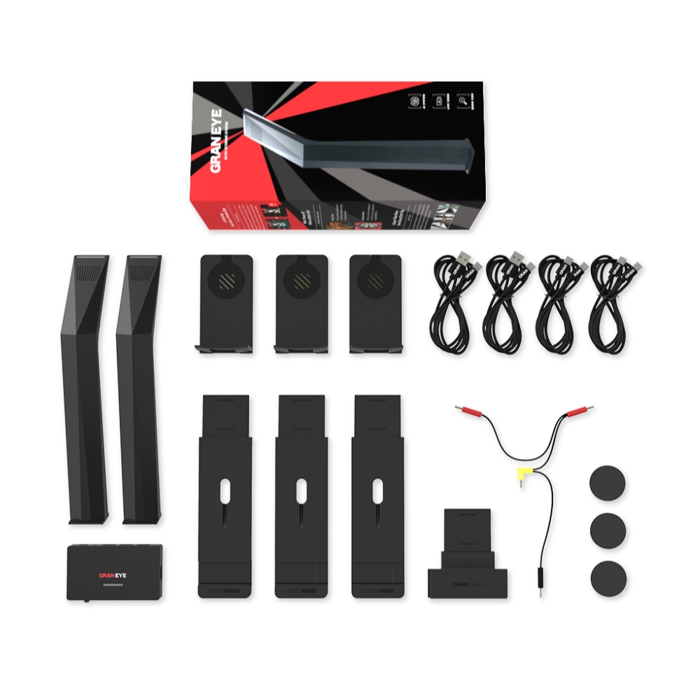 Hier sieht man den Lieferumfang des Gran Eye G2 Steel Auto Scoring Systems. Alle enthaltenen Bestandteile sind abgebildet.