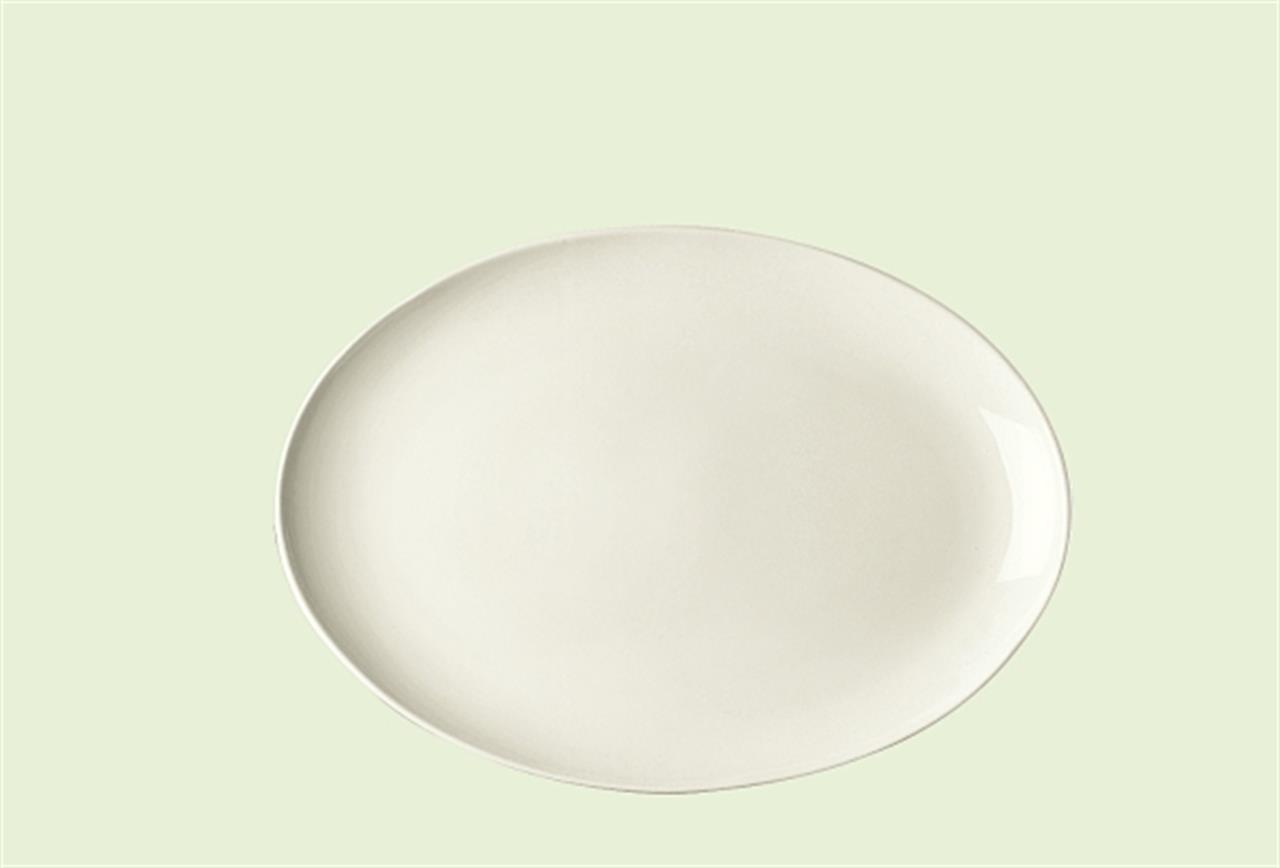 Auf dem Bild ist eine ovale Platte in Jade/Weiß zu sehen. Sie hat einen Durchmesser von 35 cm und liegt auf einem hellgrünen Hintergrund.