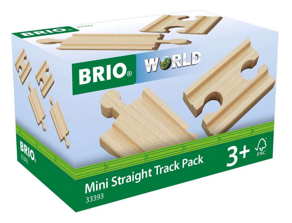 Auf dem Bild ist die Verpackung des Produkts "BRIO® 1/4 Ausgleichsschienen M 33393" zu sehen. Die Schachtel zeigt kleine gerade Holzschienen, die für Kinder ab 3 Jahren geeignet sind.