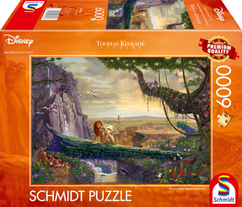 Auf dem Bild ist eine Schmidt Puzzle-Schachtel mit einem Motiv aus „Der König der Löwen“ zu sehen. Auf dem Puzzle ist Simba auf einem Felsen in einer farbenfrohen afrikanischen Landschaft abgebildet.