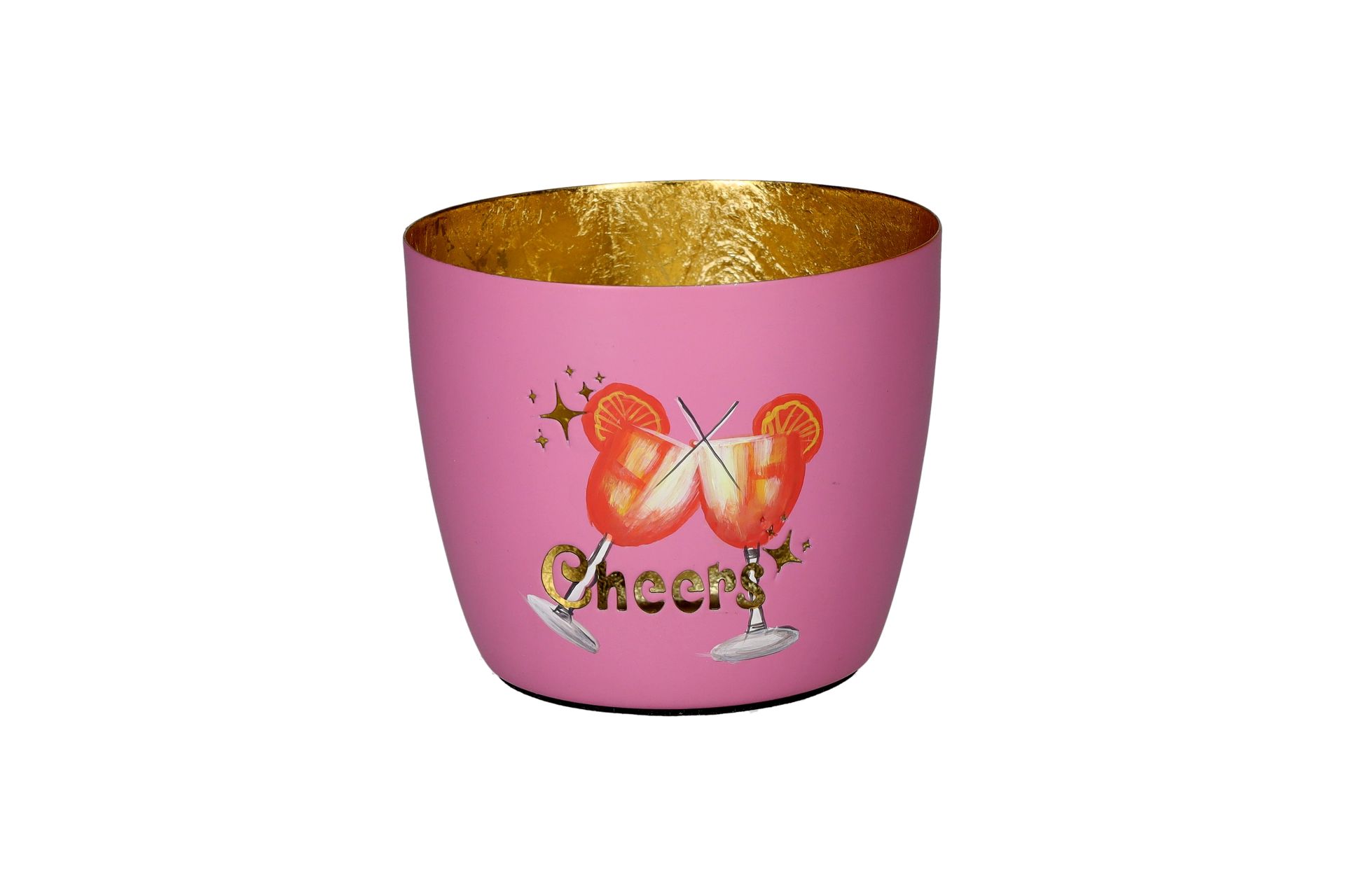 Auf diesem Bild ist das Madras, Windlicht, M, Motiv: Cheers, rosa/gold abgebildet. Es ist ein Windlicht in Rosa und Gold mit Cheers-Motiv.