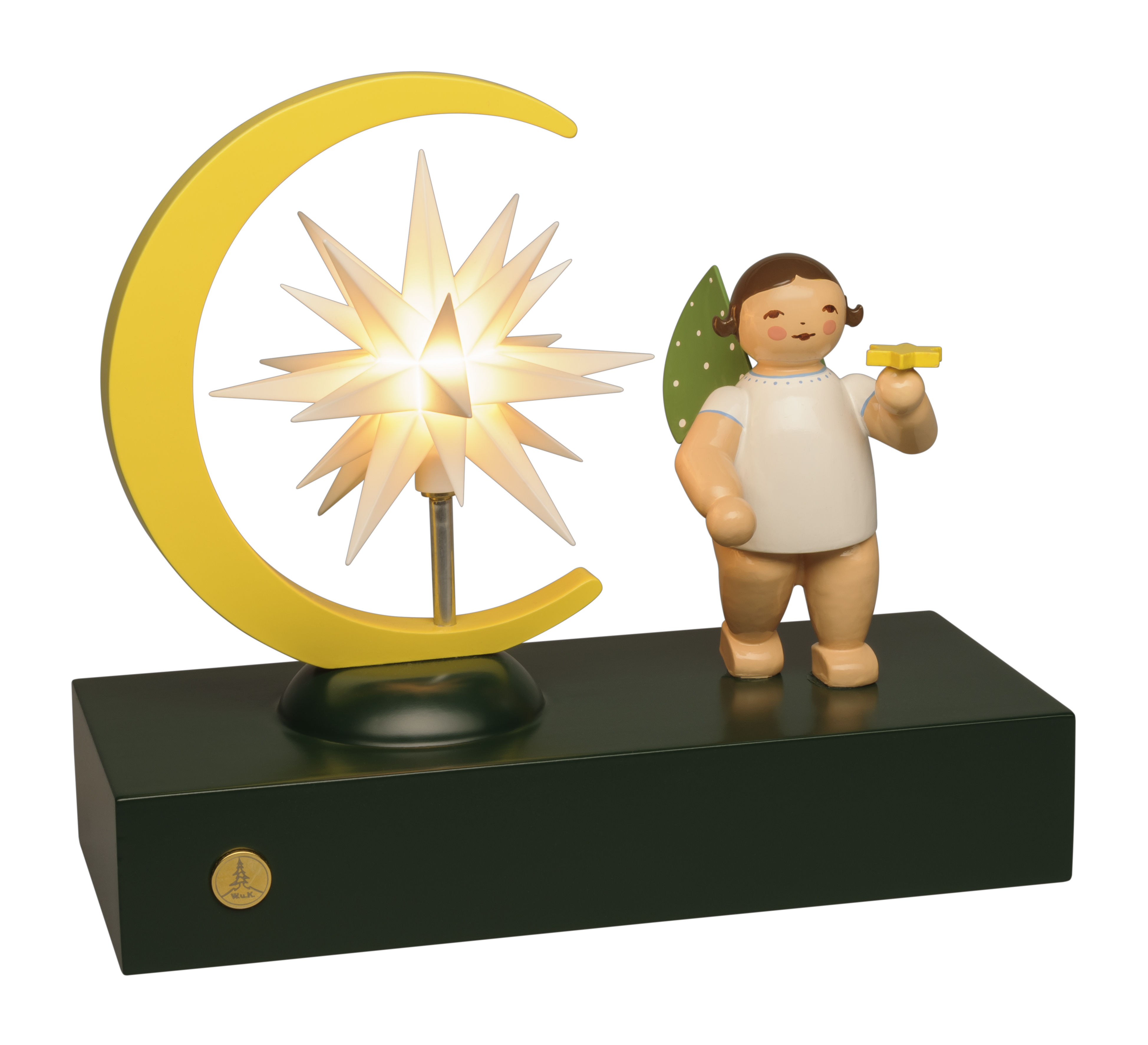 Das Bild zeigt einen Engel mit Mondsichel und einen Herrnhuter Miniaturstern. Die Figur wird liebevoll und detailliert dargestellt.