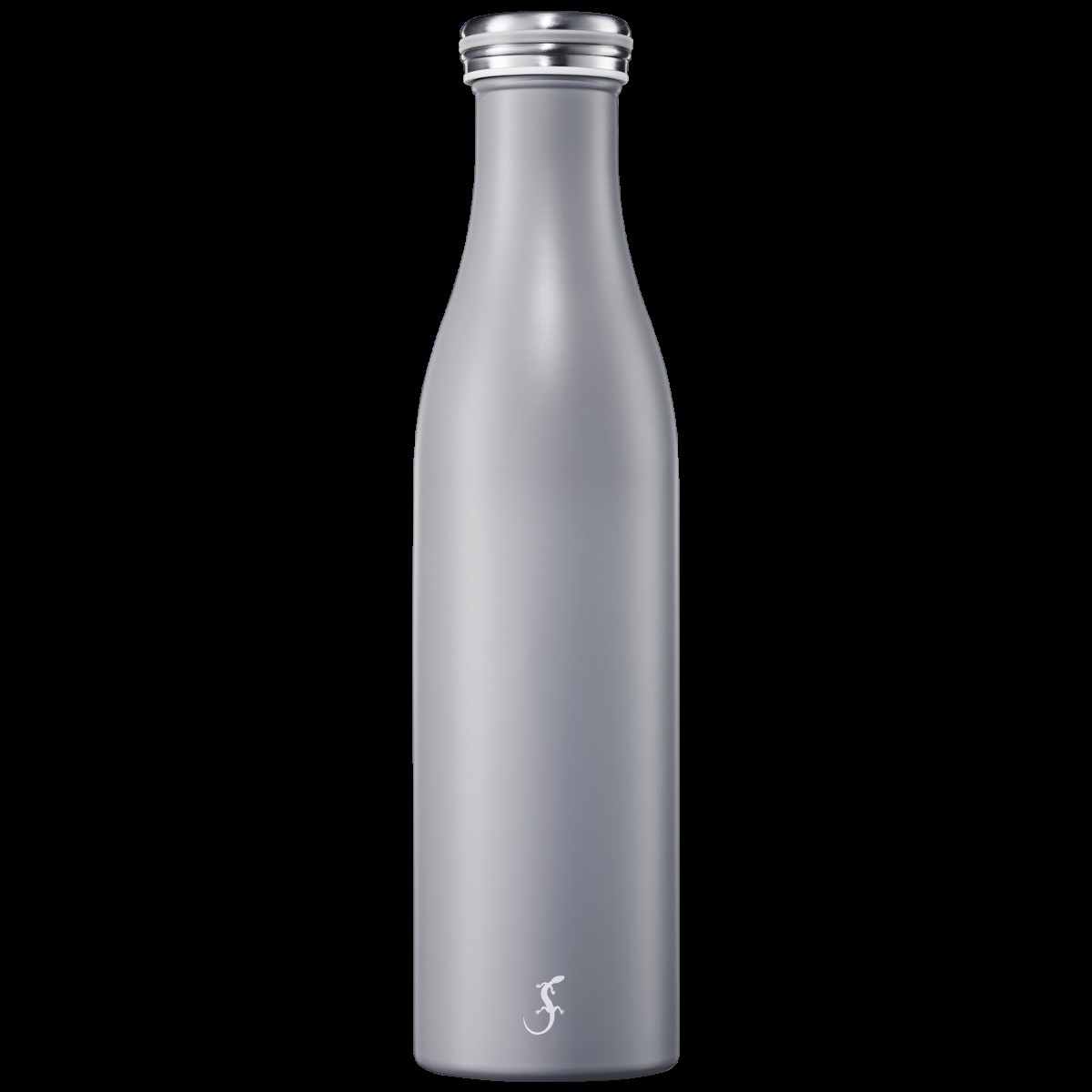 Die Abbildung zeigt eine graue Isolierflasche aus Edelstahl mit einem Fassungsvermögen von 0,75 Litern. Die Trinkflasche hat einen schlichten, eleganten Look und einen silbernen Schraubverschluss.
