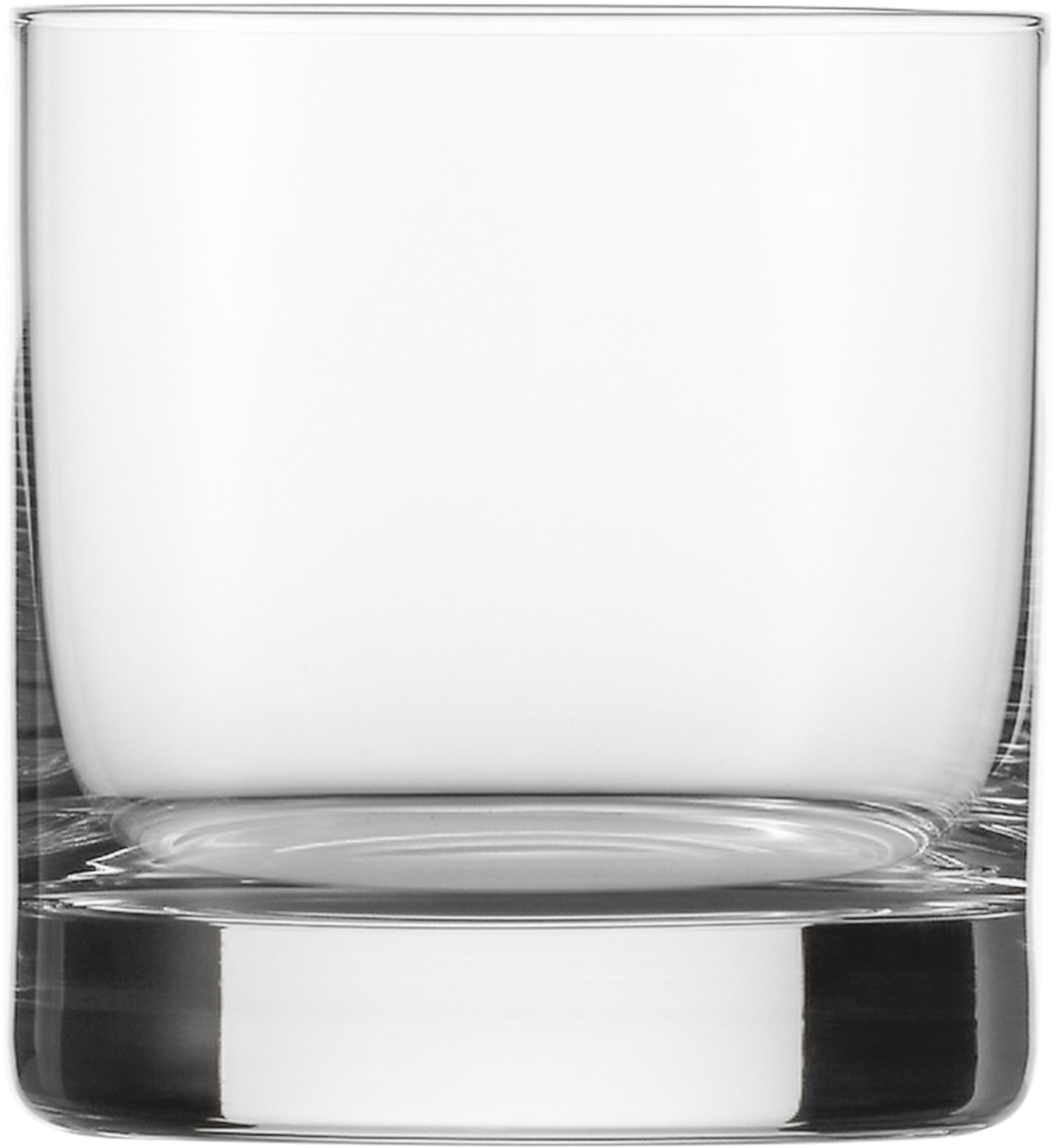 Das Bild zeigt ein leeres, durchsichtiges Trinkglas. Das Glas hat einen dicken Boden und gerade Seiten.