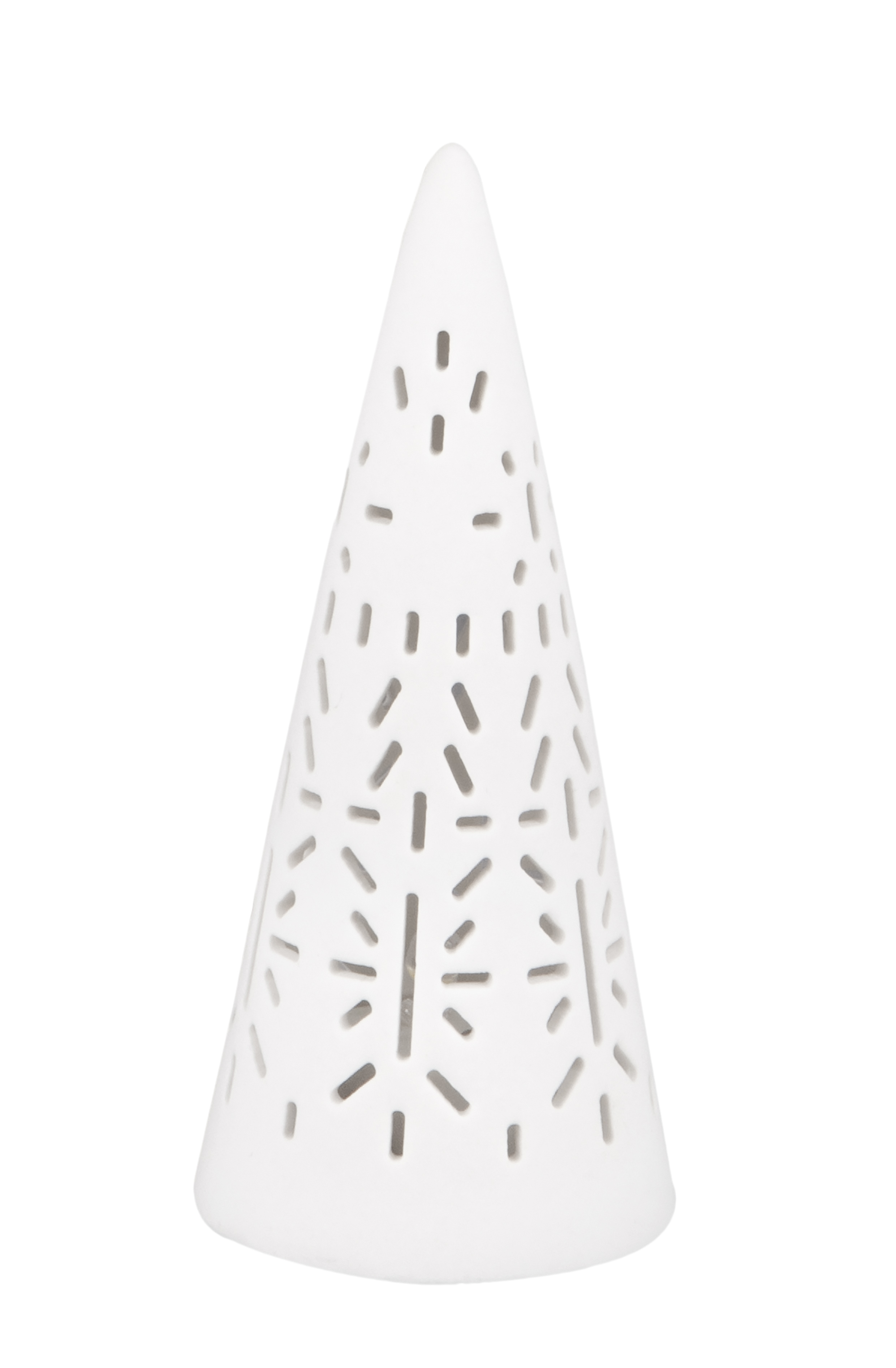 Das Bild zeigt einen weißen, kegelförmigen Gegenstand mit ausgestanzten Mustern. Die Muster erinnern an Schneeflocken oder Sterne.