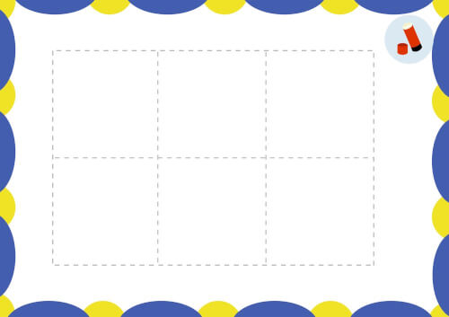 Das Bild zeigt ein Raster mit sechs leeren, gestrichelten Feldern in der Mitte. Der Rand ist mit blauen und gelben Kreisen verziert, und oben rechts sind eine rote Socke und ein roter Schuh abgebildet.