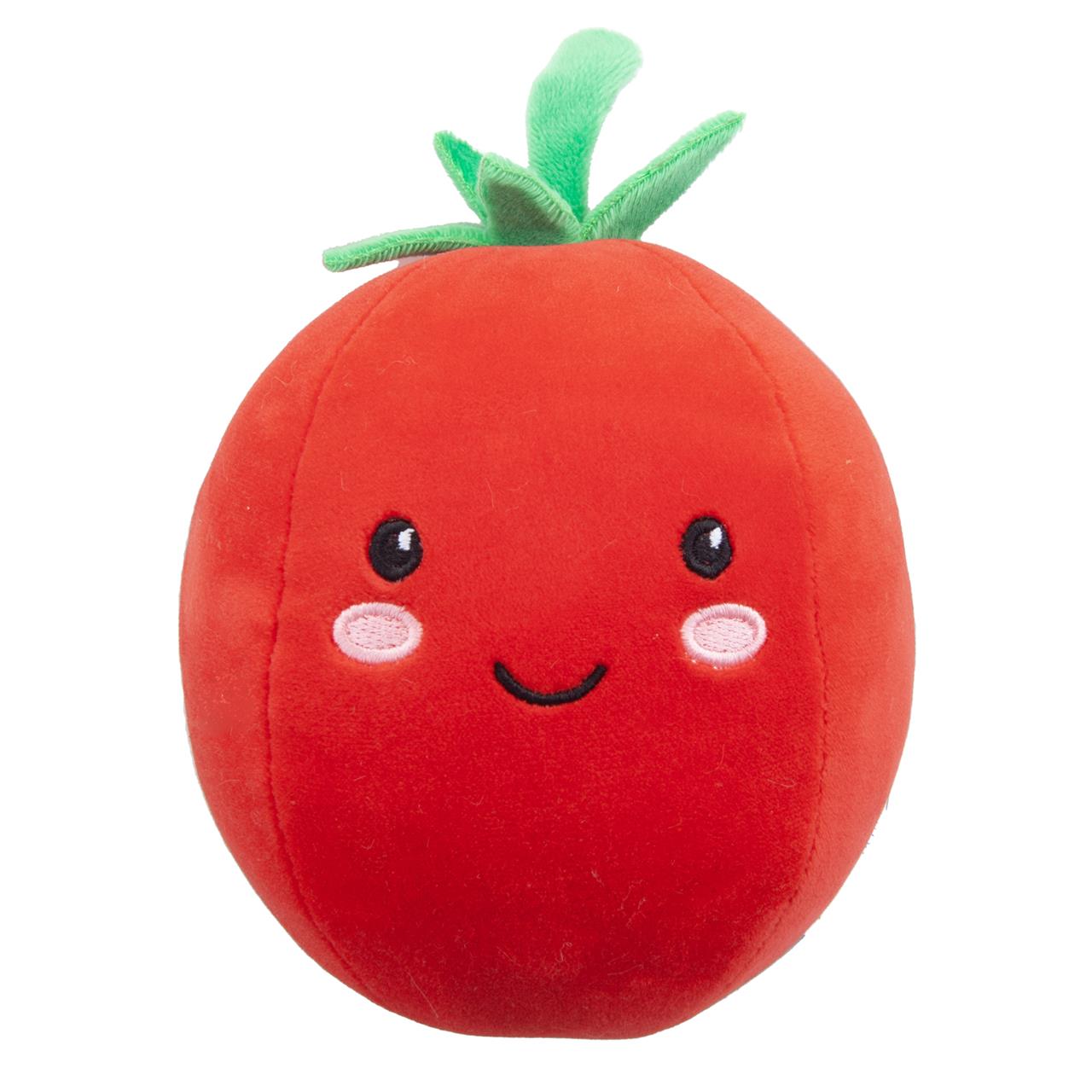 Auf dem Bild ist ein rotes Tomaten-Plüschtier mit einem lächelnden Gesicht zu sehen. Es hat grüne Blätter oben und sieht freundlich und niedlich aus.