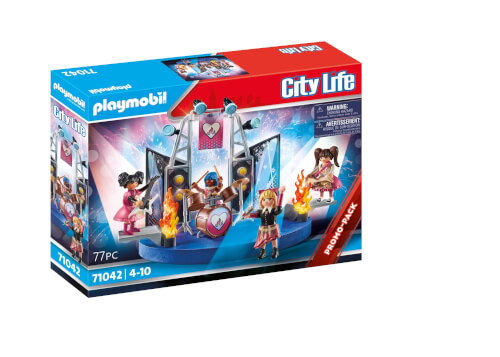 Auf dem Bild ist eine Playmobil-Spielzeugbox aus der Reihe "City Life" zu sehen. Das Set zeigt eine bunte Konzertbühne mit Figuren und ist für Kinder von 4 bis 10 Jahren geeignet.