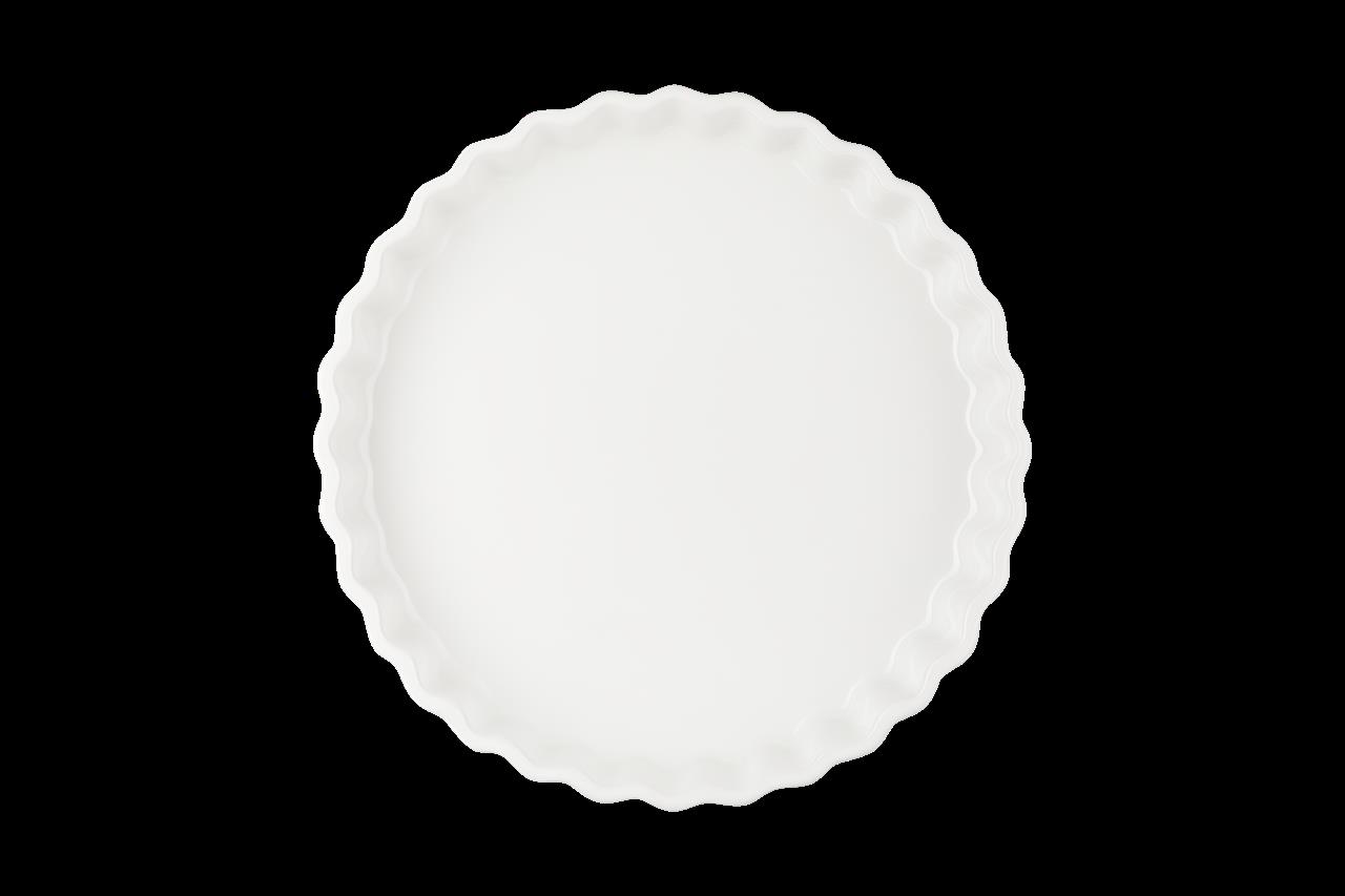 Die Abbildung zeigt eine runde Tarteform mit gewelltem Rand. Die Form ist weiß und hat einen Durchmesser von 28 cm.