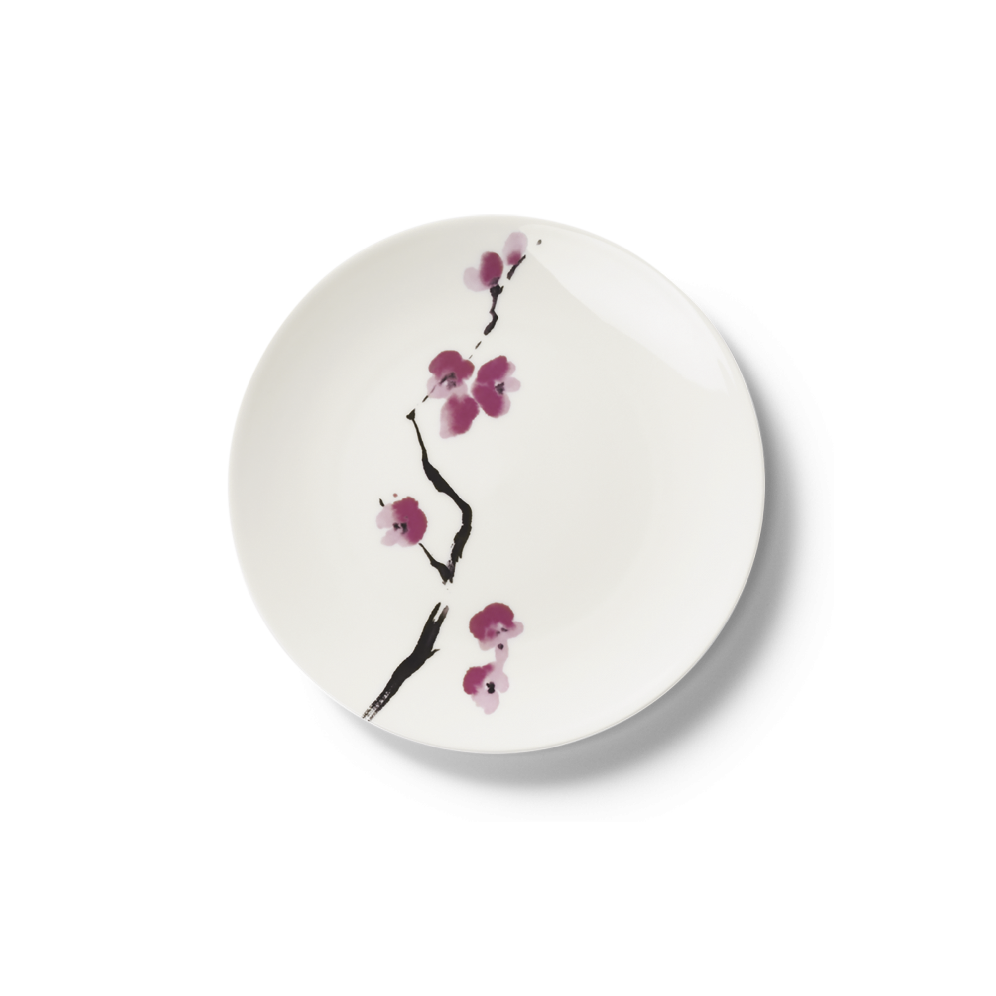 Dies ist ein Teller flach 21 cm aus der Serie Cherry Blossom Fine Bone China. Das Bild zeigt das elegante Design des Tellers.