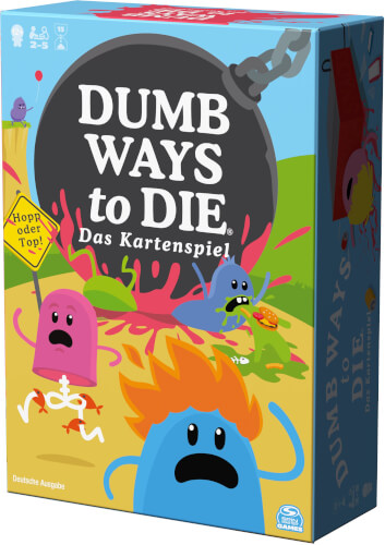 Auf dem Bild ist die Verpackung des Kartenspiels "Dumb Ways to Die" zu sehen. Bunte, lustige Figuren sind auf dem Cover abgebildet, und der Text ist auf Deutsch geschrieben.