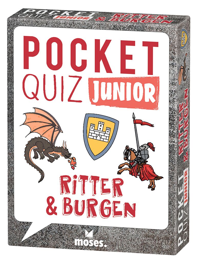 Das Bild zeigt das Buch 'Pocket Quiz Junior Ritter Und Burgen'. Es handelt sich um ein Fragespiel rund um Ritter und Burgen.