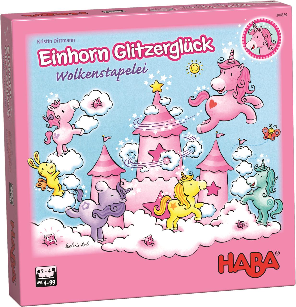 Die Verpackung zeigt das Spiel „Einhorn Glitzerglück - Wolkenstapelei“ von HABA. Auf dem Bild sind bunte Einhörner, Wolken und ein rosa Schloss zu sehen.