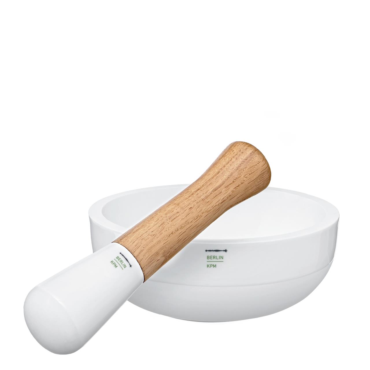 Das Bild zeigt einen Mörser mit Stößel aus der Serie 'No. 1.4', LAB. Der Stößel hat einen Holzgriff und beide Teile sind zum Teil aus weißer Keramik gefertigt.