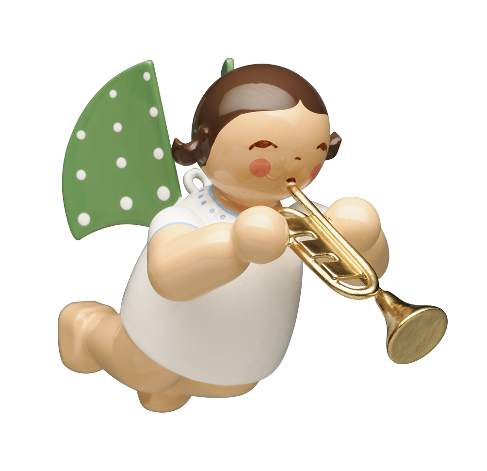 Abgebildet ist ein Engel mit Trompete, schwebend. Es handelt sich um einen schwebenden Engelmus.