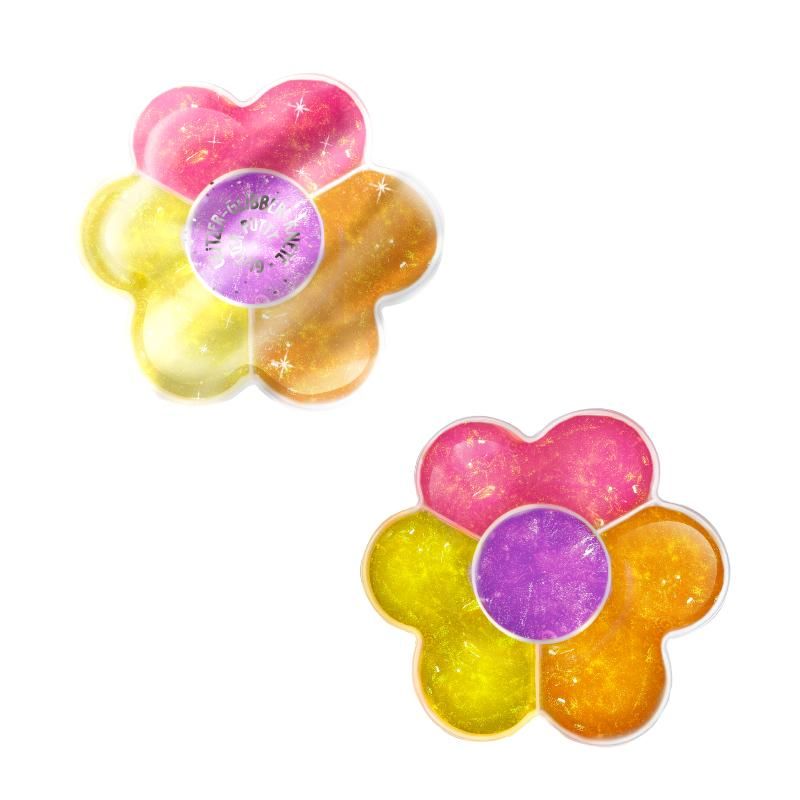 Das Bild zeigt zwei glitzernde Knetmassen in einer Blumenform mit vier verschiedenen Farben. Die Farben sind Pink, Gelb, Lila und Orange.
