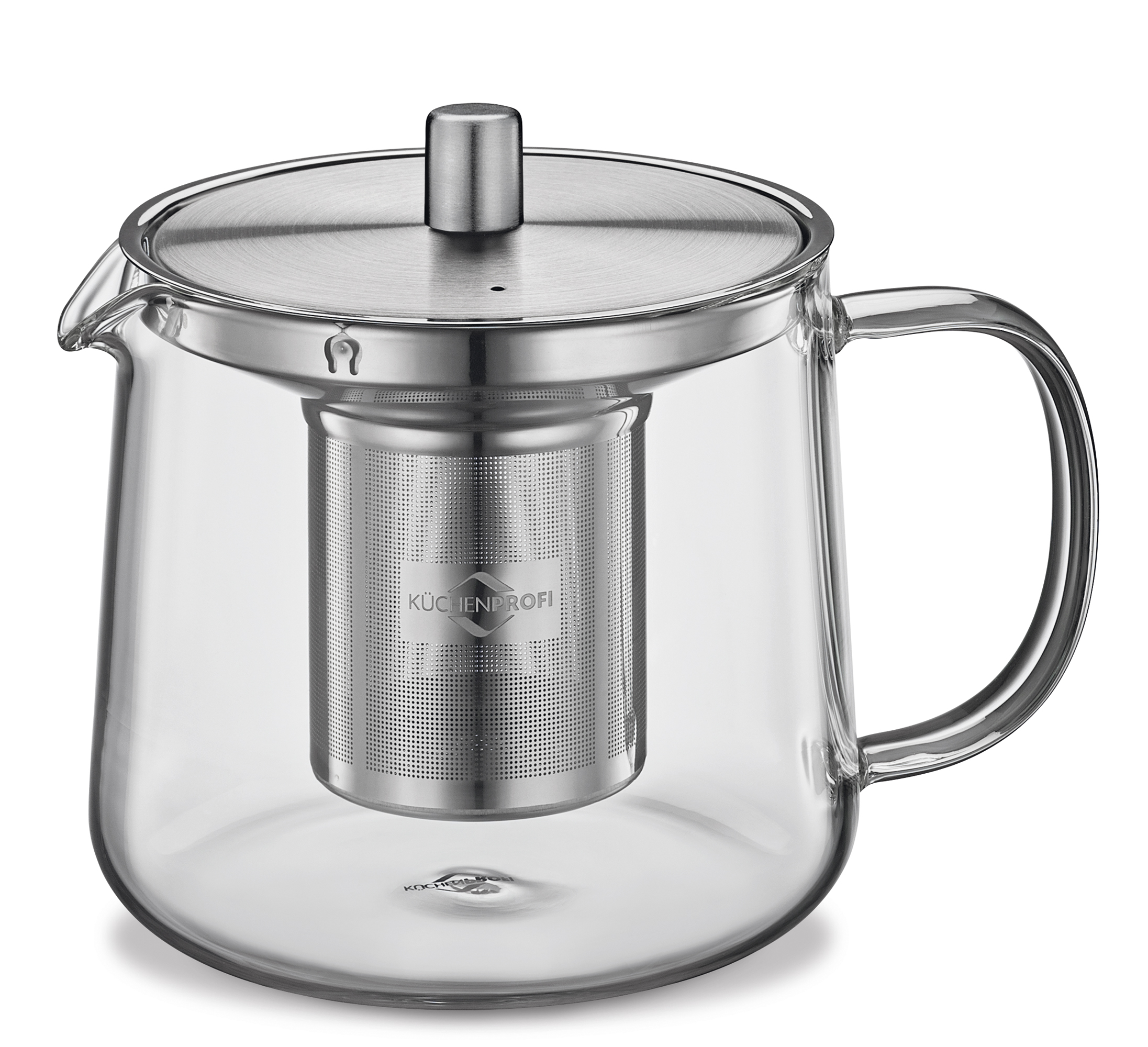 Dies ist eine Teekanne aus Glas mit einem Edelstahlsieb. Der Deckel und das Sieb sind beide aus Metall gefertigt.