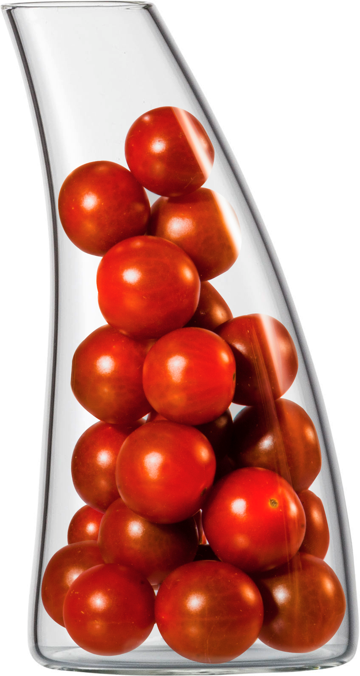In einer durchsichtigen Glasvase befinden sich viele rote Kirschtomaten. Die Vase ist schräg geformt und steht aufrecht.