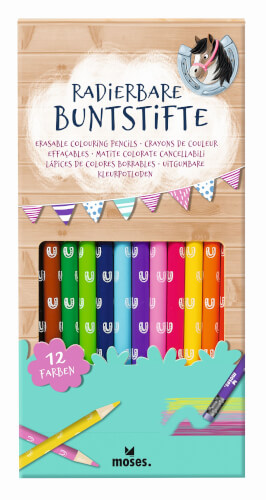 Die Verpackung zeigt ein Set von zwölf radierbaren Buntstiften in verschiedenen Farben. Oben auf der Schachtel ist ein Einhorn abgebildet und die Marke „moses.“ steht unten.