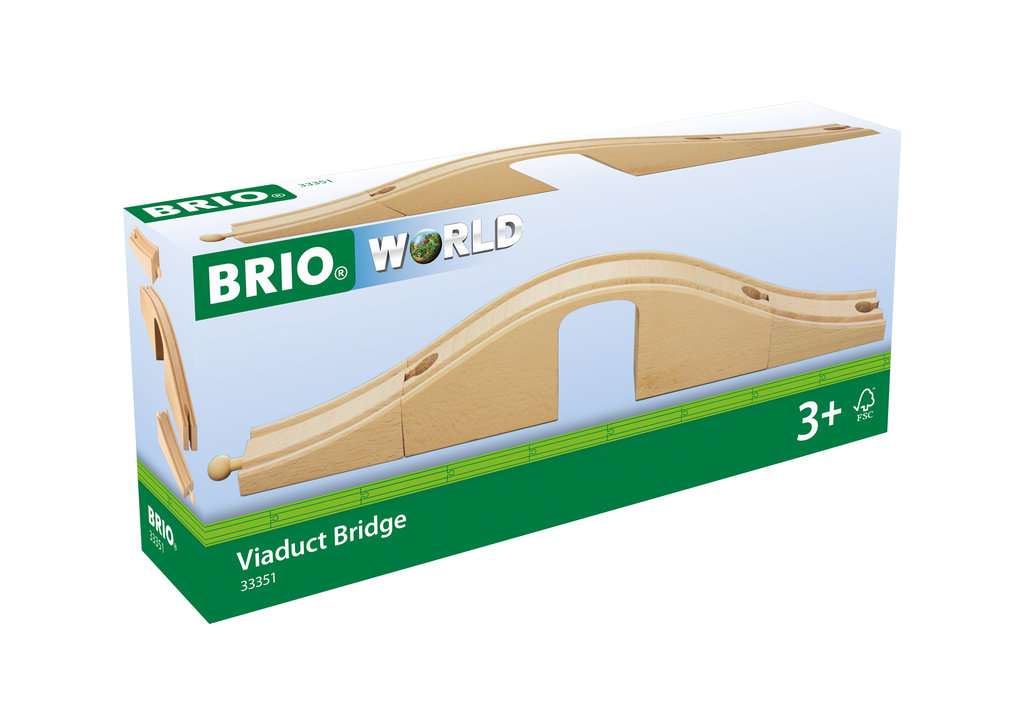 Auf dem Bild ist die Verpackung des Produkts „BRIO® Unterführung 33351“ zu sehen. Die Box zeigt eine hölzerne Eisenbahnbrücke für Kinder ab 3 Jahren.