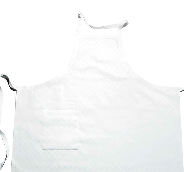 Das Bild zeigt eine schlichte, weiße Schürze mit einer aufgenähten Tasche vorne. Sie hat einen Hals- und zwei Bindebänder an den Seiten.