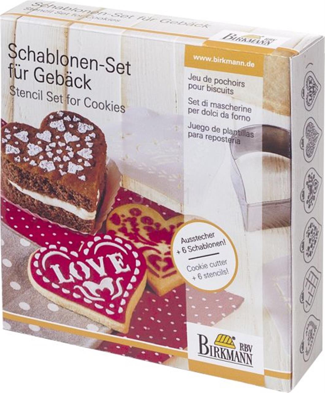 Das Bild zeigt ein Schablonen-Set für Gebäck in Herzform von Birkmann. In der Verpackung sind ein Ausstecher und sechs verschiedene Schablonen enthalten.
