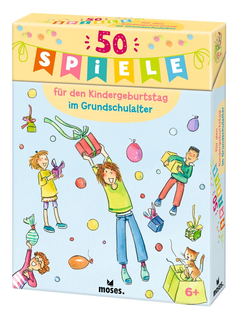 Auf dem Bild ist eine bunte Spielebox mit dem Titel „50 Spiele für den Kindergeburtstag im Grundschulalter“ zu sehen. Auf der Verpackung sind fröhliche Kinder und ein Kätzchen beim Spielen und Geschenkeauspacken abgebildet.