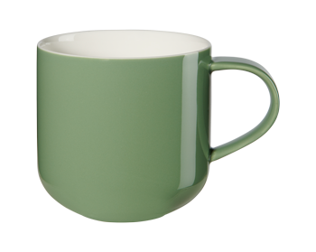 Die Abbildung zeigt eine grüne Tasse mit Henkel. Das Innere der Tasse ist weiß.
