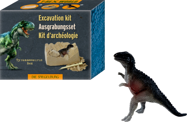 Zu sehen ist das T-Rex World Mini-Ausgrabungsset Dino-Figur. Das Set enthält Materialien zum Ausgraben einer Dinosaurierfigur.