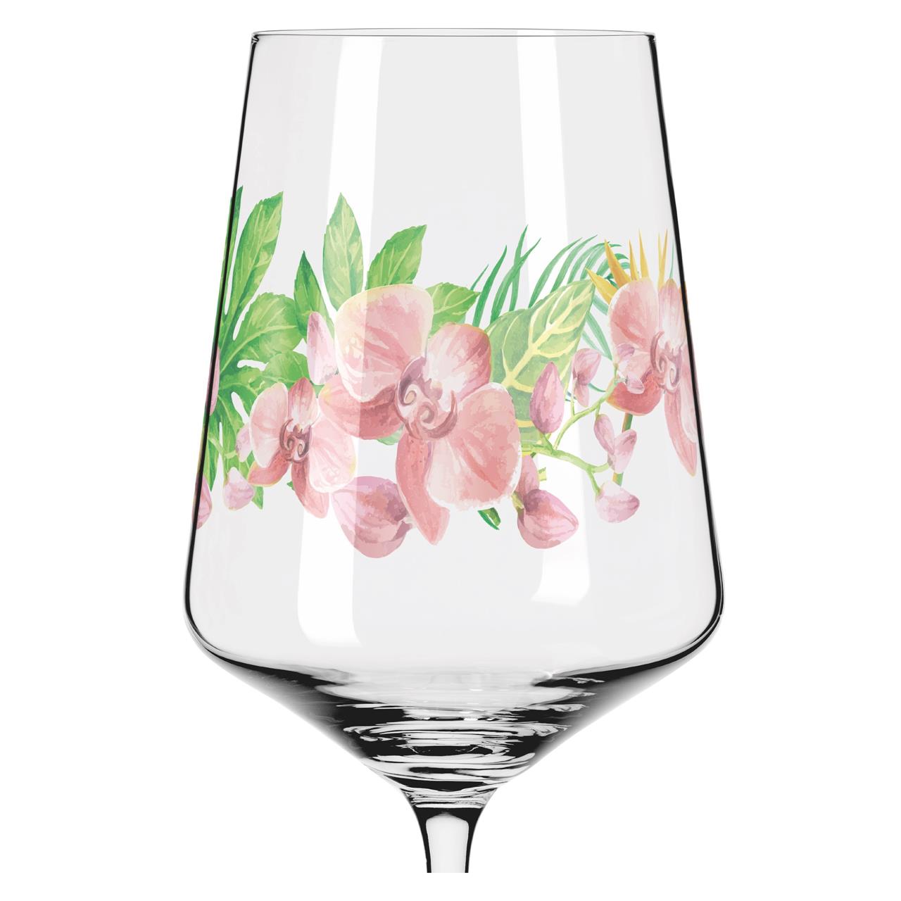 Das Bild zeigt ein Weinglas mit einem dekorativen Blumenmuster aus rosa Blüten und grünen Blättern. Das Glas gehört zum Produkt "Sommersonett Sprizz 2er-Set 005".