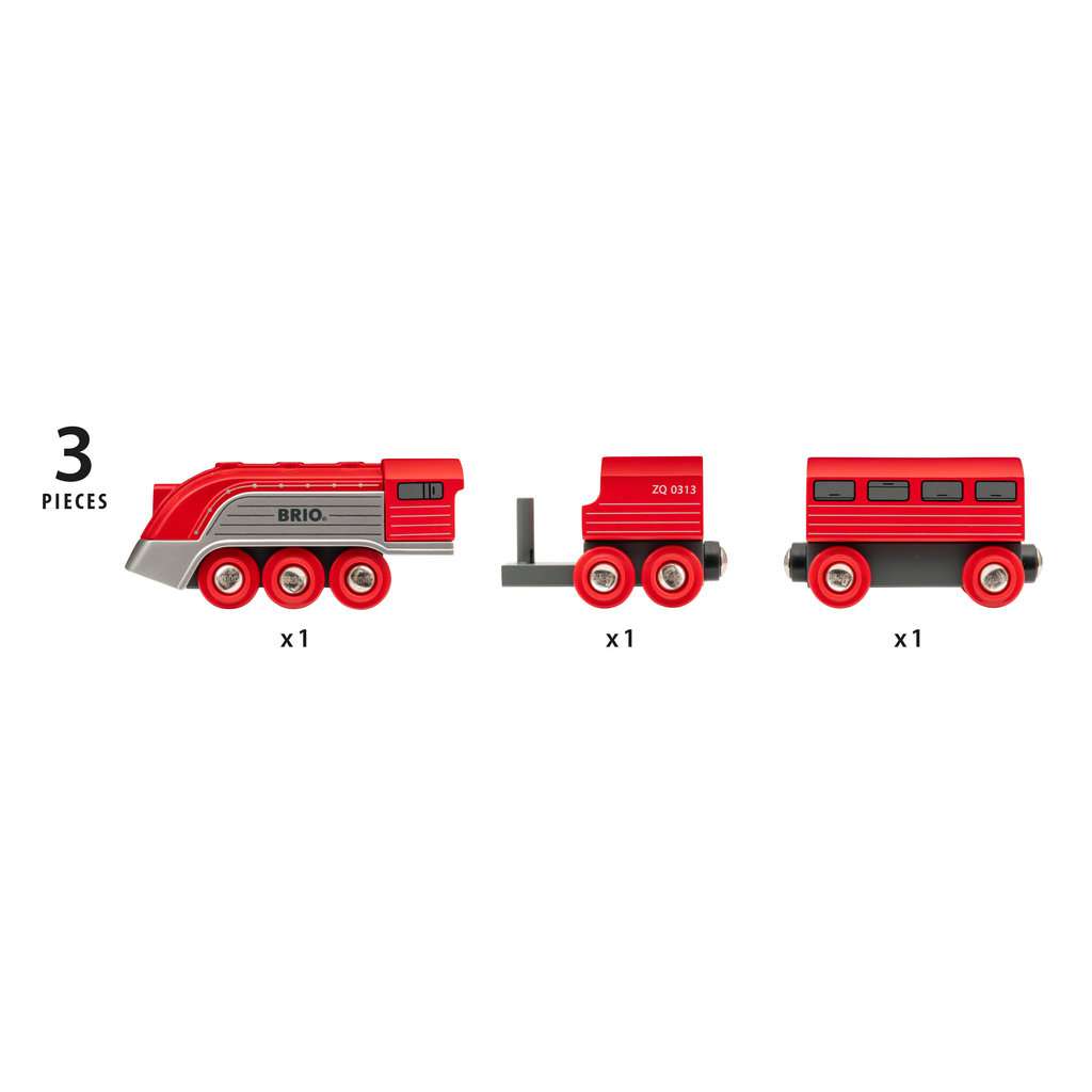 Auf dem Bild ist der BRIO® World Highspeed-Dampfzug 33557 zu sehen. Das Set besteht aus drei roten Zugteilen: einer Lokomotive, einem Waggon und einem Personenwagen.