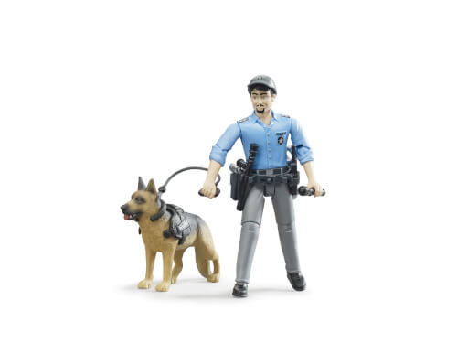 Auf dem Bild ist eine Spielfigur eines Polizisten mit einem Polizeihund zu sehen. Der Polizist hält den Hund an der Leine und trägt eine Uniform.