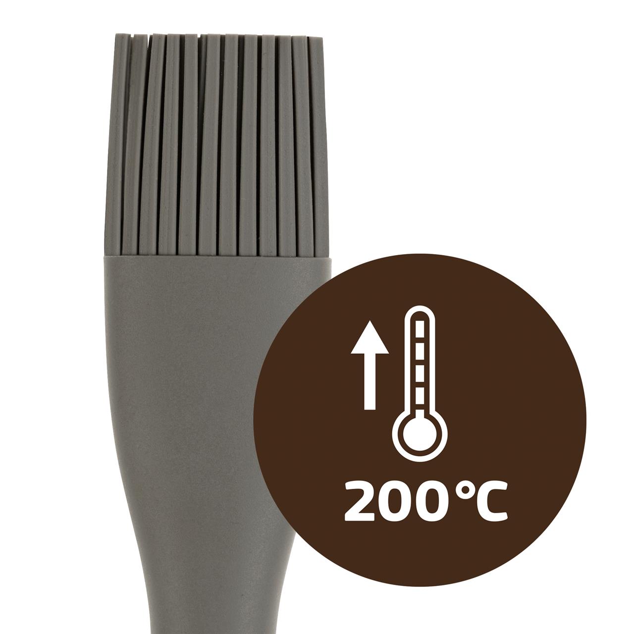 Das Bild zeigt einen grauen Backpinsel Gripflex. Ein Symbol weist darauf hin, dass der Pinsel hitzebeständig bis 200°C ist.
