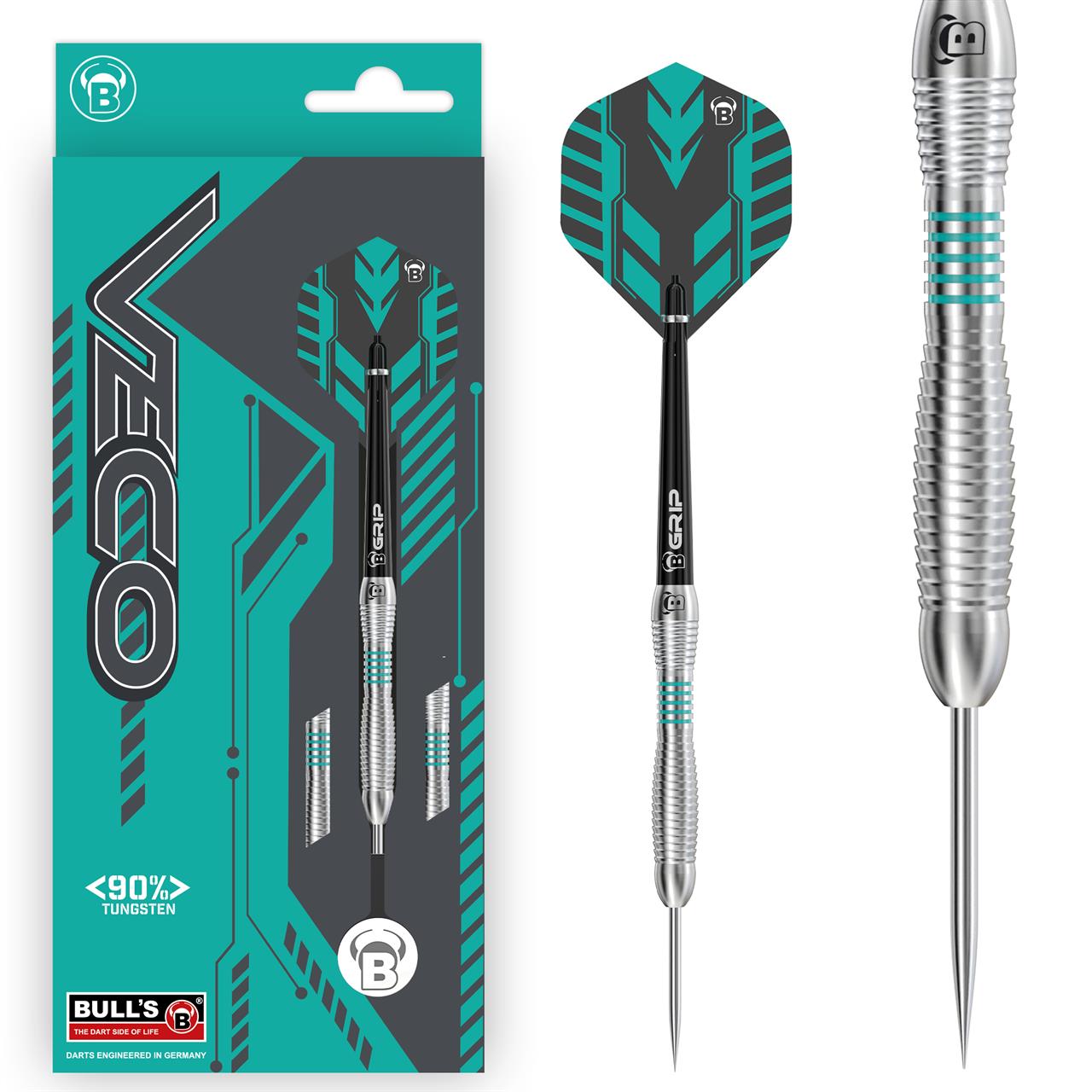 Das Bild zeigt den BULL'S® Veco V3 Steel Dart mit einem Gewicht von 25g. Die Verpackung und der Dart sind in silberner und türkisfarbener Optik gestaltet.
