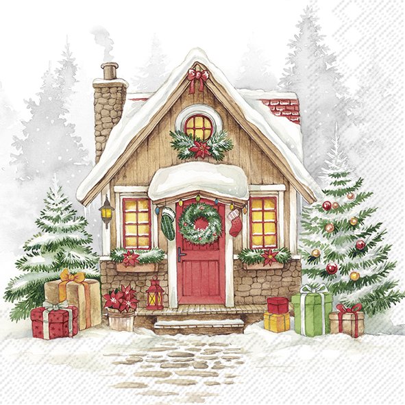 Diese Servietten zeigen ein festlich geschmücktes Haus im Winter. Das Produkt heißt Festive House Lunch-Servietten L1093700.