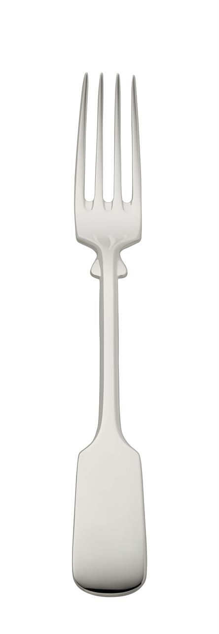 Auf dem Bild ist eine silberne Dessertgabel mit vier Zinken zu sehen. Das Produkt heißt "Alt-Spaten 925 Dessertgabel".