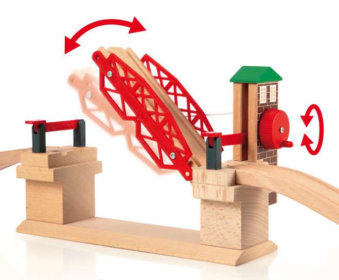 Das Bild zeigt die BRIO® Hebebrücke 33757 aus Holz. Die Brücke kann mit einem roten Drehknopf hoch- und heruntergelassen werden.