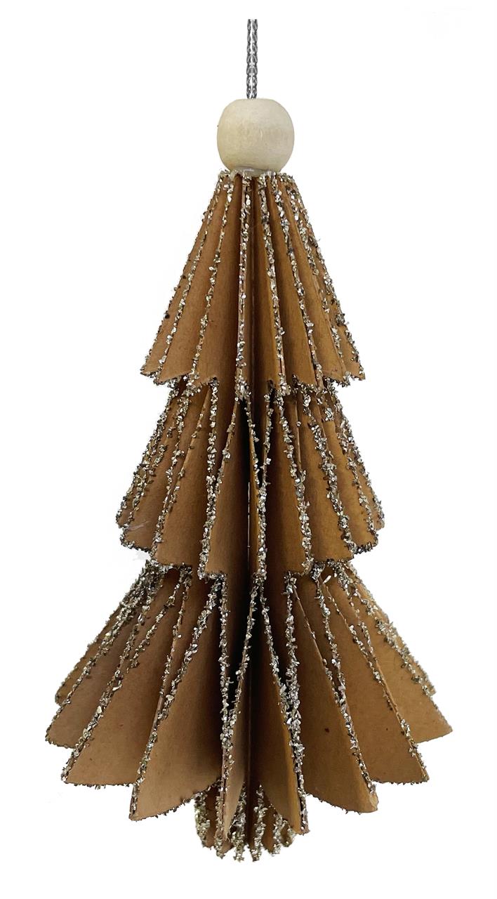 Das Bild zeigt einen braunen Papierbaum mit silbernem Glas-Glitzer an den Kanten. Der Baum ist etwa 15 cm hoch und hat eine Schlaufe zum Aufhängen.
