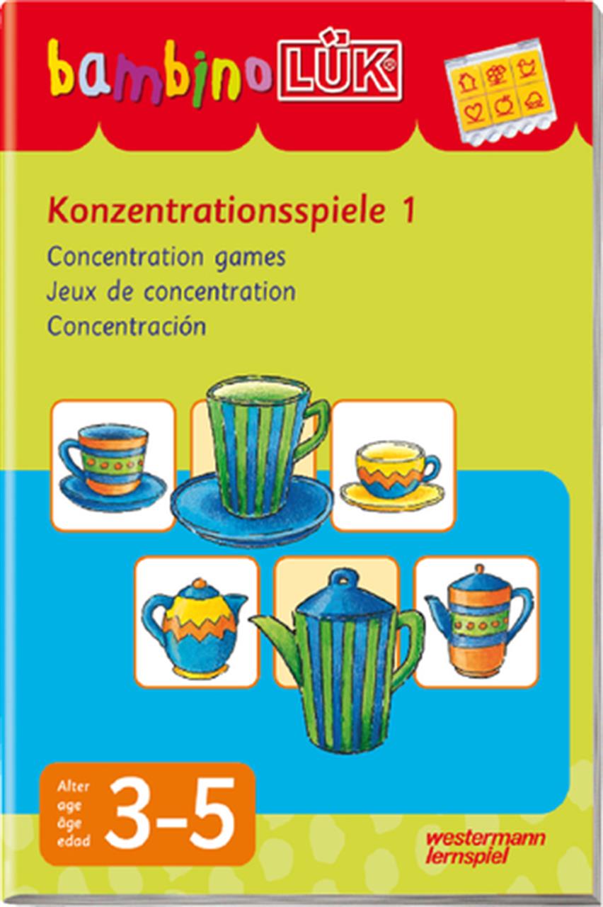 Das Bild zeigt das Produkt "bambinoLÜK® Konzentrationsspiele 1" für Kinder im Alter von 3 bis 5 Jahren. Auf dem Cover sind bunte Illustrationen von Tassen und Kannen abgebildet.