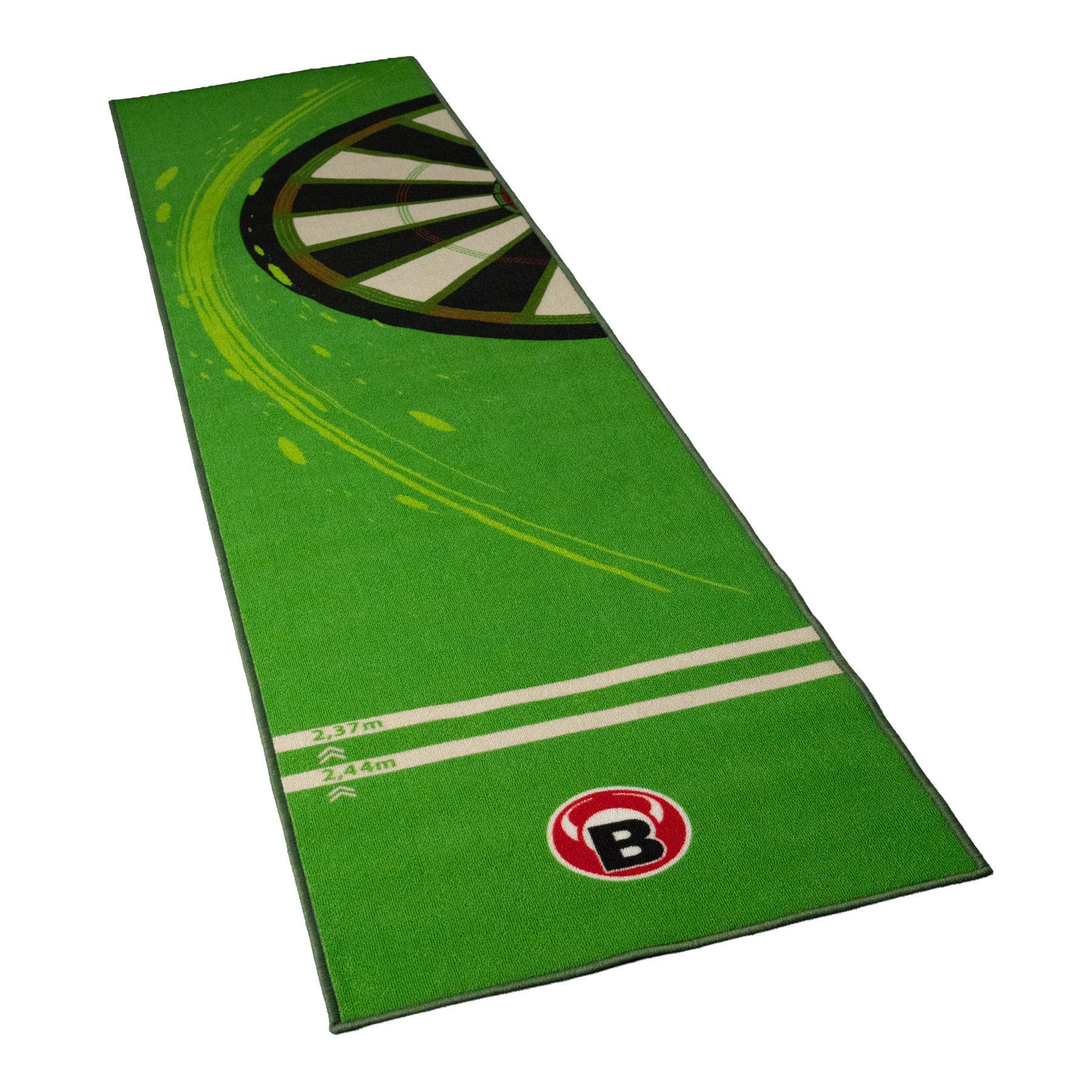 Das ist die BULL'S® Carpet Mat '120' in Grün. Die Matte dient als Bodenschutz beim Dartspielen.